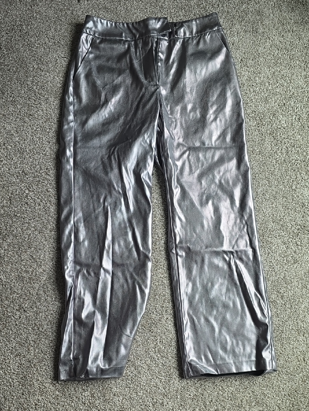 New York & Company Metallic Silver Faux Leather Straight-Leg Pants